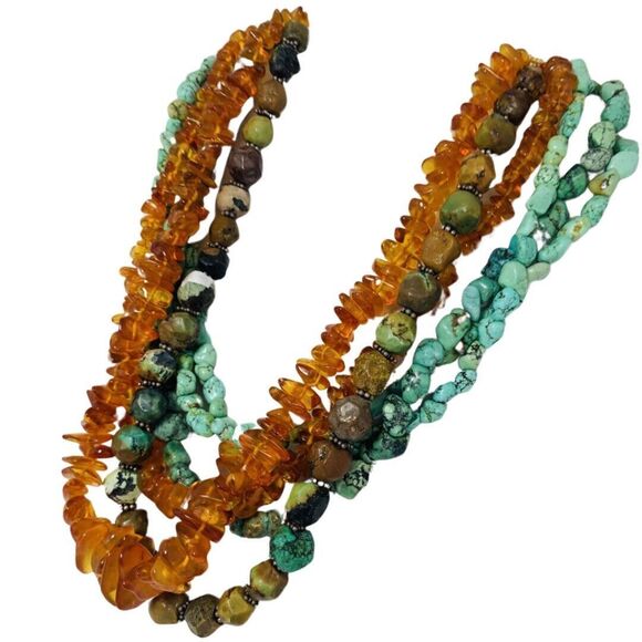 M Salazar Amber Turquoise Necklace 19" 925 Sterling Silver Native American Heavy - Picture 11 of 16